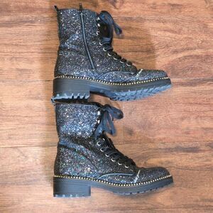 Portland Womens Glitter Lace Up Combat Boots Private Moto Beaded Trim Sz 7.5M